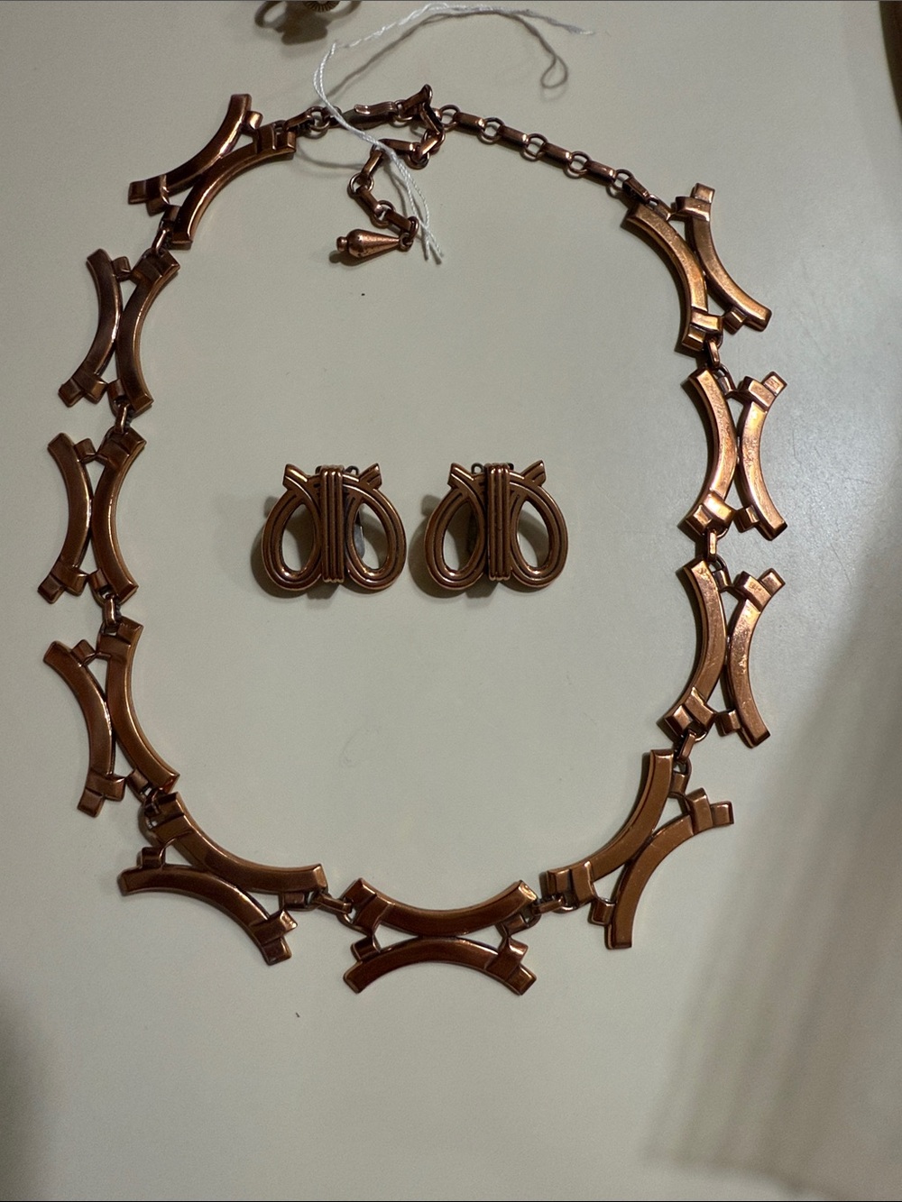  Renoir Copper Brutalist Choker, Midcentury Modern Necklace and Clip Earrings